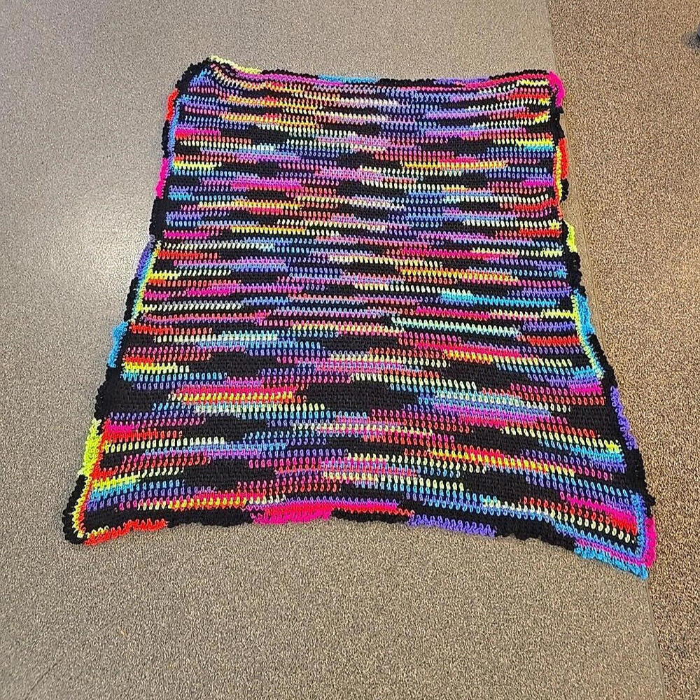 Handmade Afghan Neon Stripe Boho 80's Crochet Blanket, 55" X 49" - Picture 6 of 9